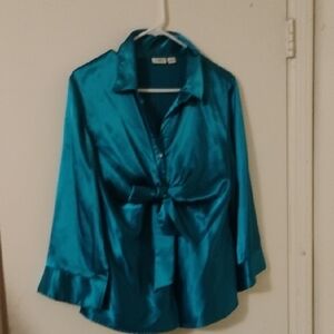 Cato Teal Satin Blouse with Bow Detail